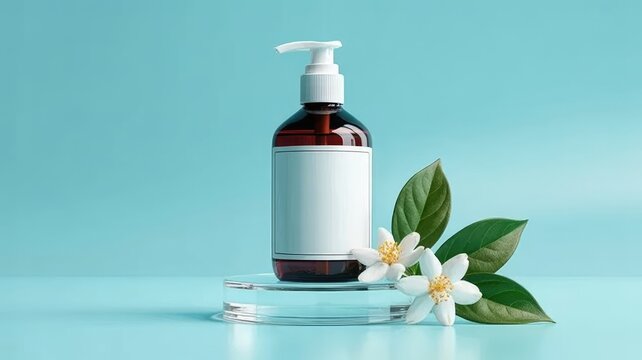Amber pump bottle with white label, white flowers, and green leaves