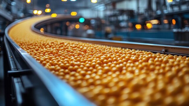 Macro view of yellow food pellets on a curved industrial conveyor belt in a processing facility.