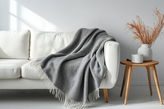 Gray wool throw blanket sofa living room interior home decor