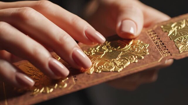 Close-up of hands holding a gold foil embossed card. Person touching intricate floral patterns on luxury stationery. Tactile design and premium printing concept