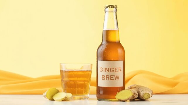 Amber ginger brew in glass bottle and tumbler with fresh ginger
