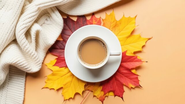 White ceramic coffee cup on autumn leaves with cozy knit blanket