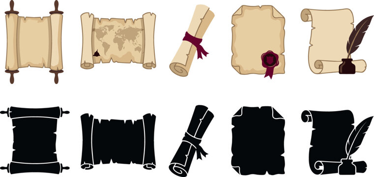Ancient paper scrolls and old parchment sheets vector set with world map quill inkwell wax seal and black silhouettes isolated on white background.