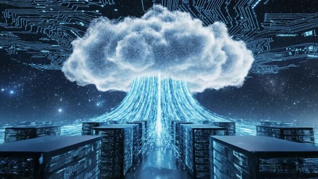 
Futuristic animation about cloud computing with showing digital data flowing from various devices towards a glowing virtual cloud in the sky