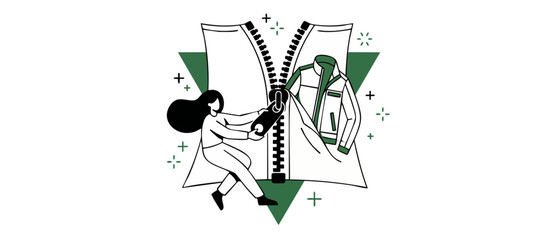 Naklejka premium Fashion shopping woman zipper illustration revealing winter jacket. Creative apparel flat vector design concept representing clothing catalog, retail startup, textile production, dynamic style.