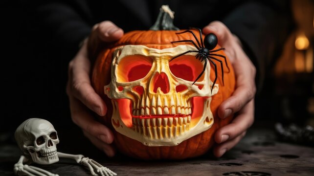 Hands holding carved pumpkin with skull face and spider