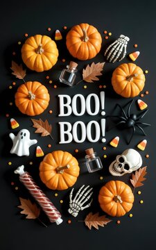 Halloween and decorations arranged on black background