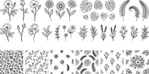 Botanical line art vector collection featuring black ink flower sketches monstera leaf icons tropical fern fronds and seamless floral patterns isolated on white background. © Mdjony