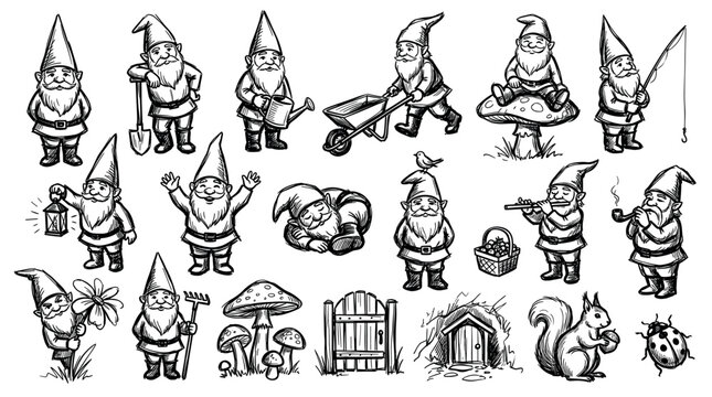Various hand-drawn garden gnomes in different poses and activities, including fishing, gardening, and playing music, on a white background