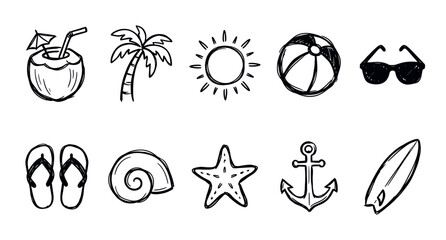 Fototapeta premium Collection of hand-drawn black and white summer vacation icons, including a coconut drink, palm tree, sun, and beach ball, on a clean white background