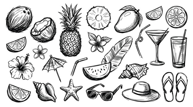 Hand-drawn black and white summer vacation elements including fruits, drinks, flowers, and beach accessories on a clean background