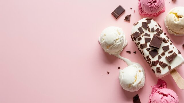 Ice cream popsicle and scoops with chocolate chunks on pink