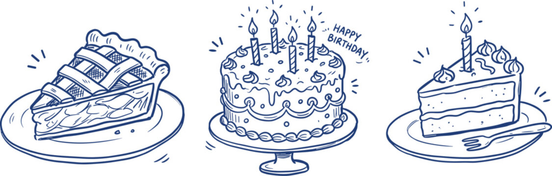 A blue line art illustration of a pie, birthday cake, and cheesecake on plates