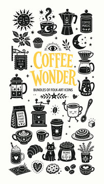 Folk Art Coffee Icon Set with Celestial Moon Sun and Coffee Making Equipment