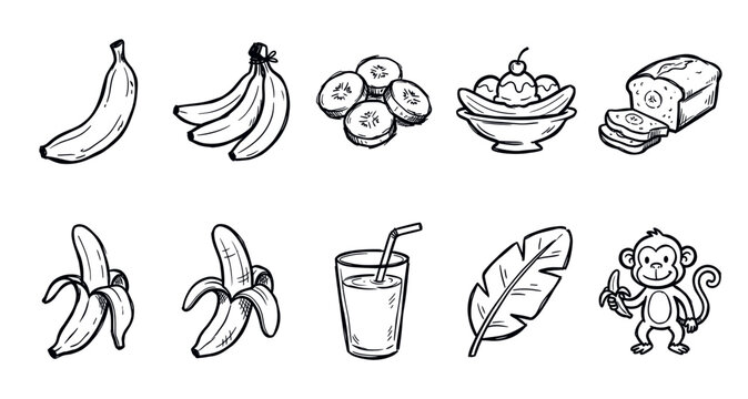 Various hand-drawn banana illustrations in different forms, including whole, sliced, peeled, and a banana split, on a clean white background