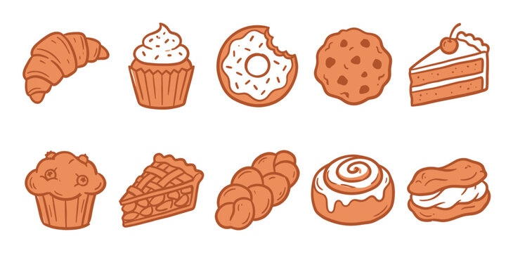 Collection of various delicious baked goods and pastries in a simple, flat, orange and white line art style on a clean white background