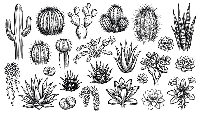 Various hand-drawn black and white succulent plants and cacti illustrations are arranged on a clean white background, showcasing diverse botanical forms