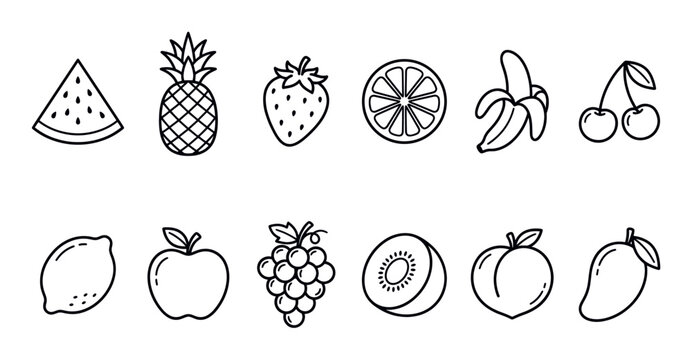 Collection of various simple outline fruit icons including watermelon, pineapple, strawberry, and banana on a clean white background