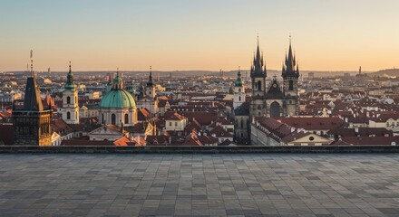 Obraz premium Sunset over historic cityscape with ancient buildings and towers