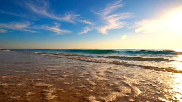 Beach Scene Golden Sand Sea Waves at Sunrise