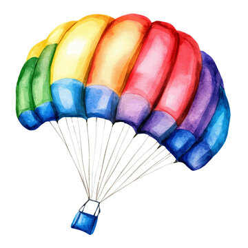 Colorful Parachute Toy Floating, illustration watercolor, vector isolated on a white background.