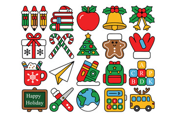 Fototapeta premium Cute Christmas School Icons Bundle, christmas school, holiday education