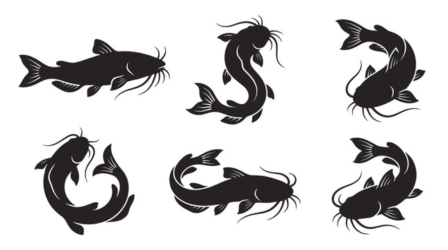 different black catfish silhouettes on a clean white background, minimalist vector style.