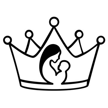 Elegant Motherhood Queen Crown Vector Icon Illustration. Minimalist black line art featuring a mother cradling her infant baby inside a royal crown. Perfect for Mother's Day and family branding.