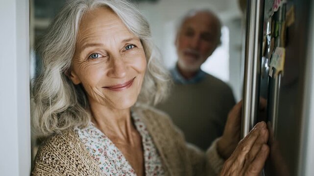 Mature woman looks into camera, checking fridge contents with her husband blurry in background. Silver hair, cozy kitchen. Enjoying retirement, healthy food choices, intimate moment.
