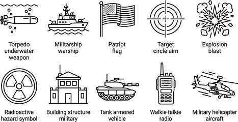 Military warfare thin line icon set with army equipment including tank warship torpedo and patriot flag art. © Emongrapic