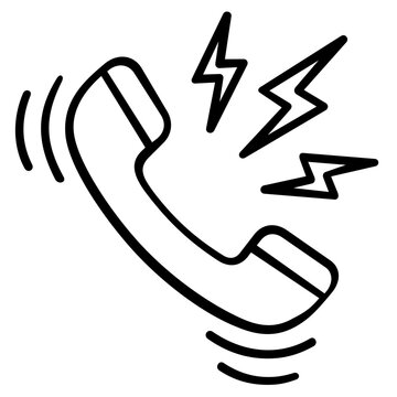 Telephone handset ringing and vibrating line icon vector illustration featuring sound waves and lightning bolt symbols for incoming calls, mobile communication, and digital alert notifications.