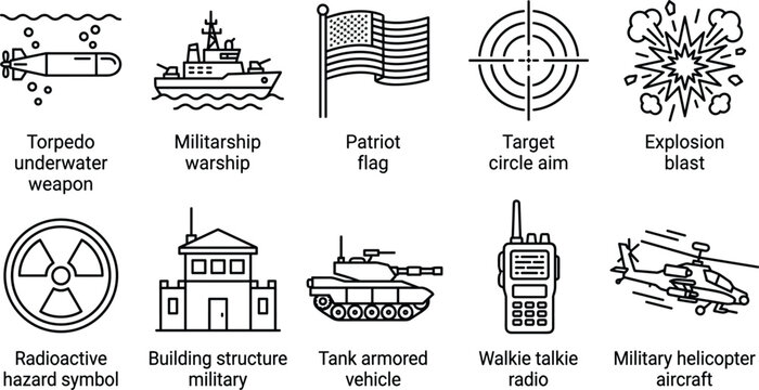 Military warfare thin line icon set with army equipment including tank warship torpedo and patriot flag art.