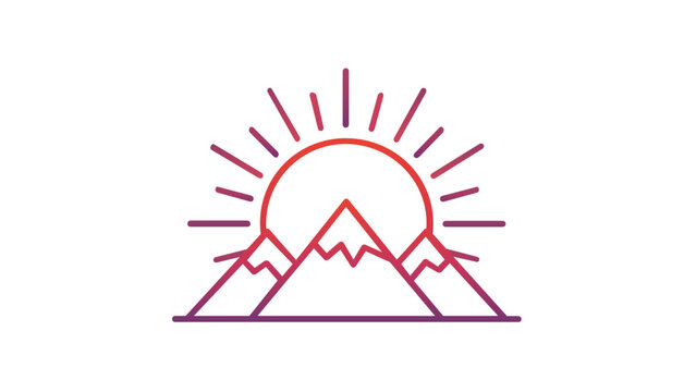 Sun setting behind mountain peaks vector icon illustration. Minimalist line art design with sunrise rays and snowy mountain tops. Perfect for nature, travel, and outdoor adventure branding.