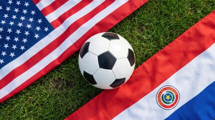 Fototapeta premium Top view international football concept featuring USA and Paraguay national flags on green grass pitch with central soccer ball, global sports competition background scene