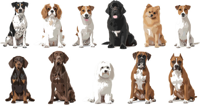 Diverse Dog Breeds Collection Vector Illustration Set Featuring Popular Pedigree Pets Including Retriever Terrier Spaniel Boxer and Pomeranian Isolated on White