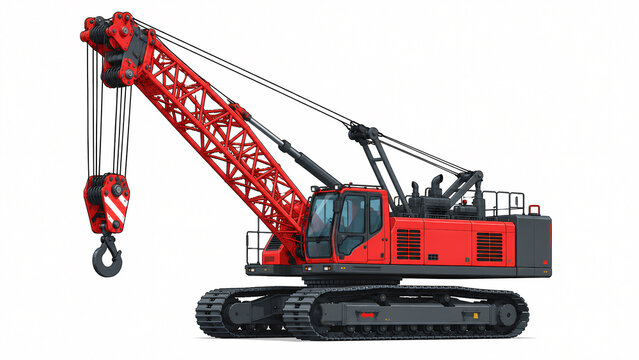 Red Crawler Lattice Crane Industrial Heavy Machinery Isolated on White Background