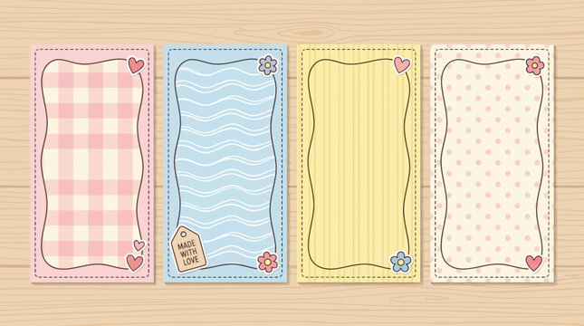 Cute Hand Drawn Frames and Borders with Hearts and Flowers on Wooden Background