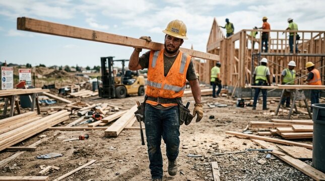 Construction worker carrying lumber on residential building site