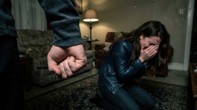 Domestic abuse scene man's fist raised over cowering woman in living room
