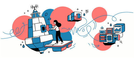 Marine technology data collection vector illustration showing a woman scientist connecting a telemetry module to an ocean sensor buoy for database server analysis, offshore research in flat art design © Dinali