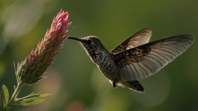 Graceful hummingbird hovering near vibrant purple flower, capturing nectar with beak, with soft bokeh background, symbolizing nature's beauty, delicacy