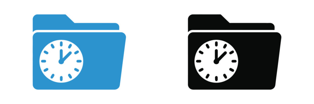 Digital folder icon, with clock symbol representing data organization, historical records management, business software storage system, time based archive concept vector illustration.