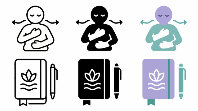 Mindfulness icons: diverse silhouettes of relaxation and journaling