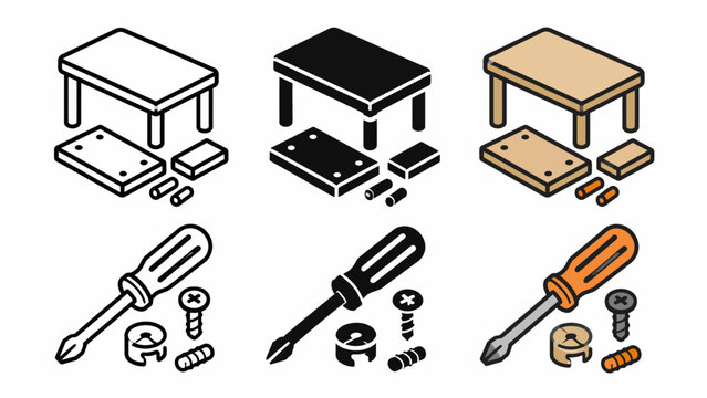 Assembly icons: tools and parts for table construction in three styles