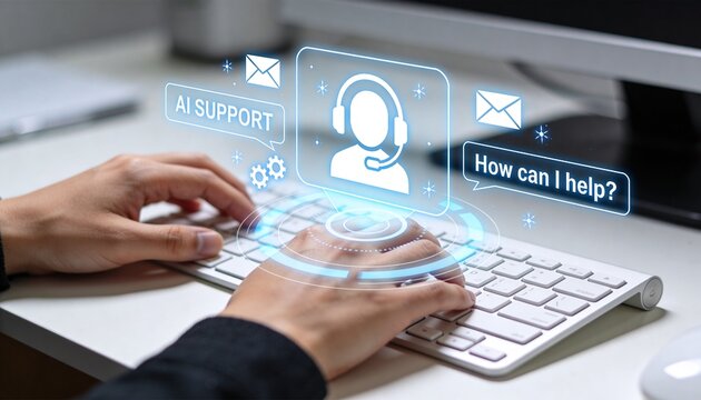 AI support hologram on computer keyboard, virtual customer service chatbot and digital help desk technology concept.
