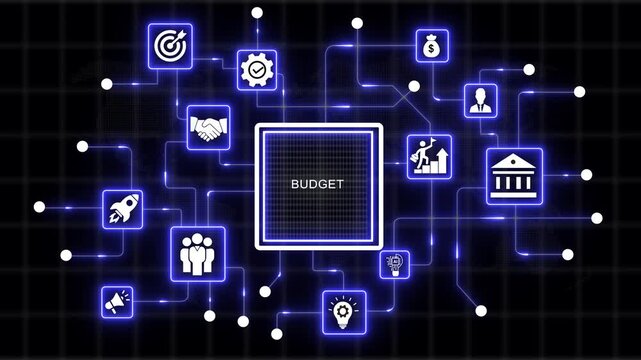 Coach motivation to budget improvement. Education concept. Training. Leadership skills. Human abilities. Internet, business, Technology - 4k black background icon animation