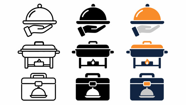 Catering service icons: hand tray, chafing dish, food warmer, lunch box designs