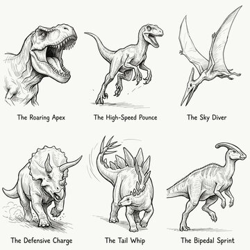 Six prehistoric dinosaur ink pen sketches in action, isolated on white background