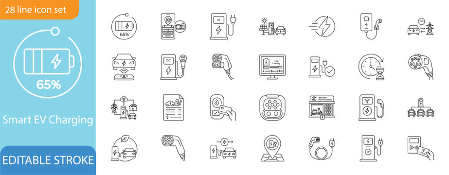 Smart EV Charging Station Line Icon Set.Vector Editable Stroke