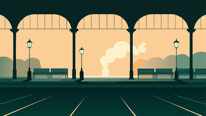 Empty train station platform at dawn with silhouette of steam locomotive and vintage lampposts in warm sunlight © Djujjol